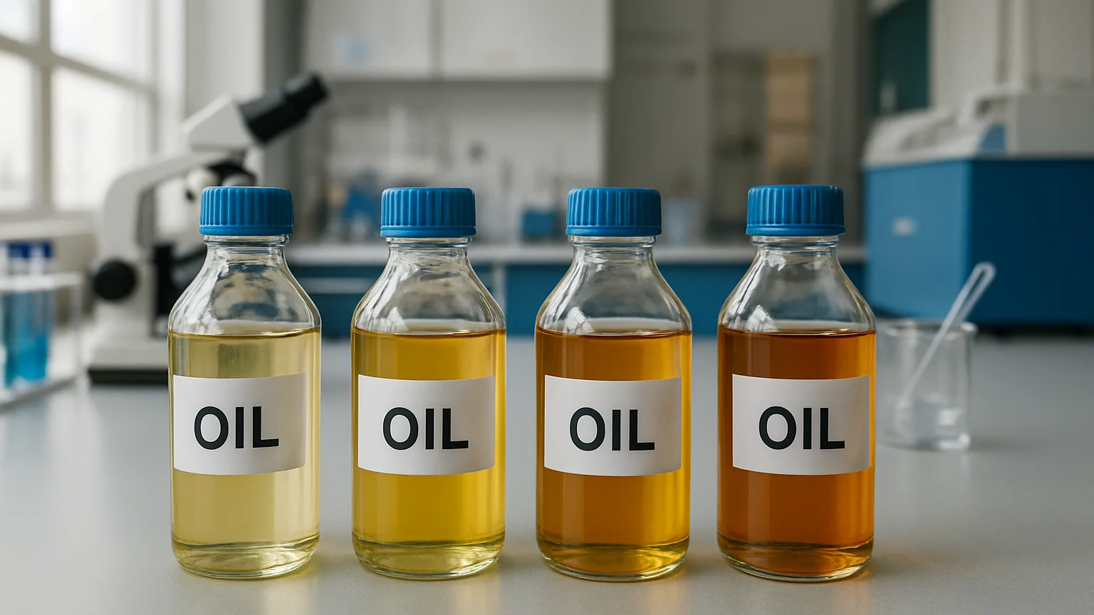 Primer plano de muestras de aceite en frascos etiquetados sobre u