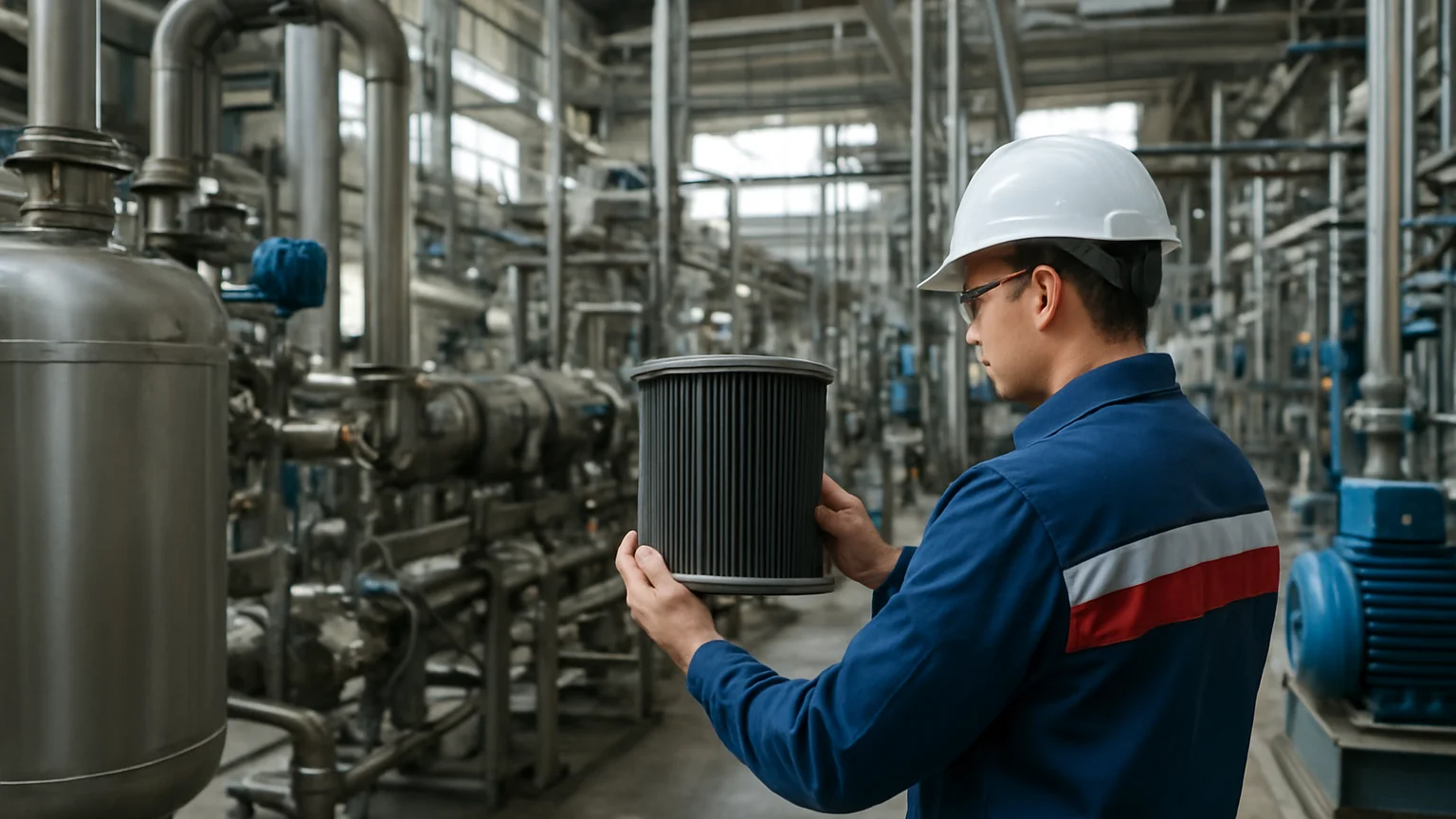 Técnico revisando un filtro industrial en una línea de equipos, v