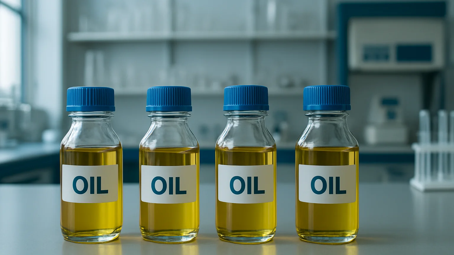 Muestras de aceite en frascos etiquetados sobre una mesa de laboratorio industrial, luz de laboratorio equilibrada, lent