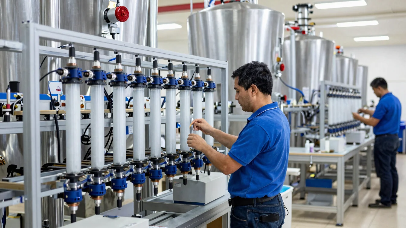Técnico ajustando un sistema de filtración en una planta industrial, vista amplia del entorno de trabajo, lente 35mm