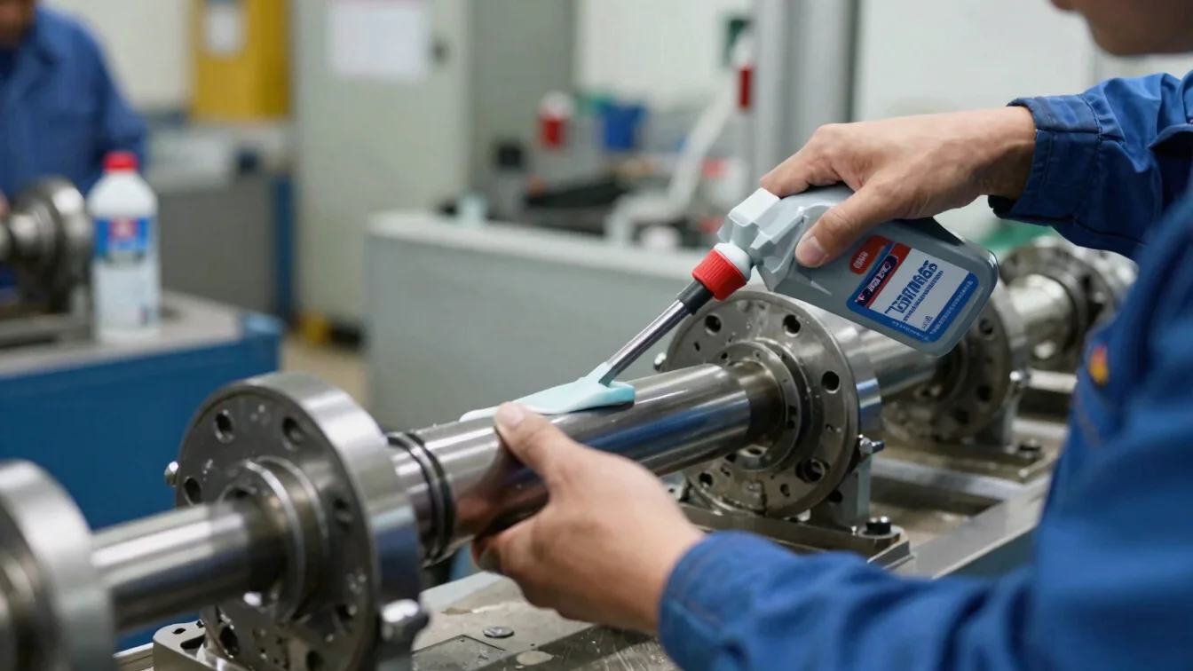 Técnico de mantenimiento aplicando lubricante a un rodamiento industrial, primer plano de manos y herramienta, luz natur