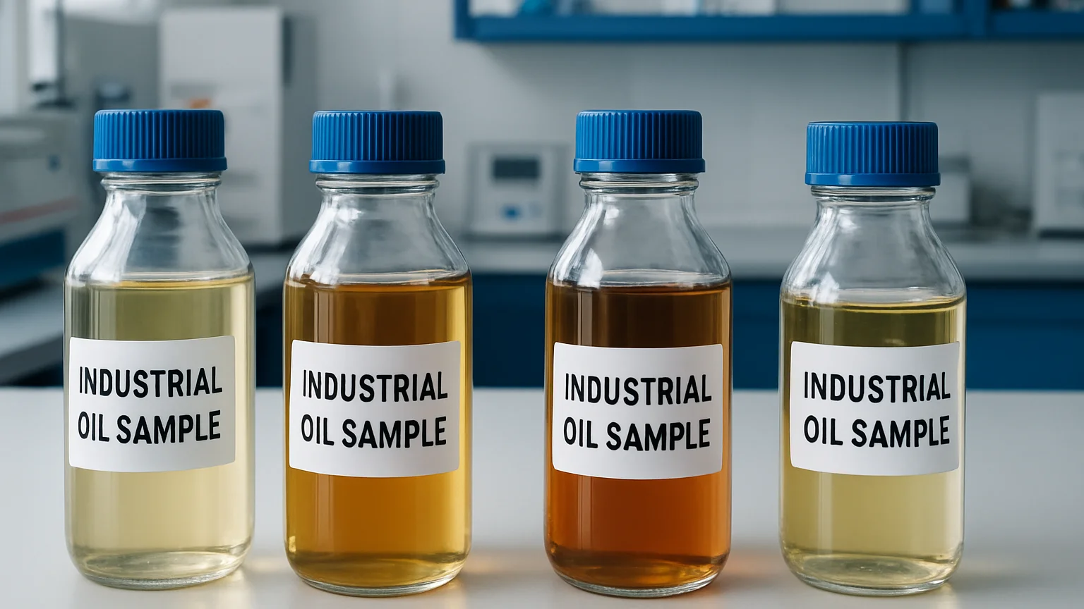 Muestras de aceite industrial dispuestas en un laboratorio de análisis, primer plano de frascos etiquetados, luz de labo