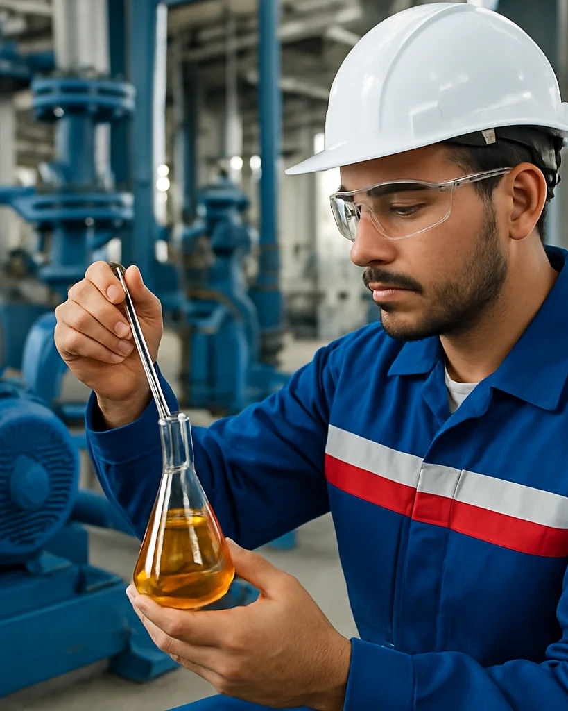 Técnico industrial colombiano revisando una muestra de aceite jun