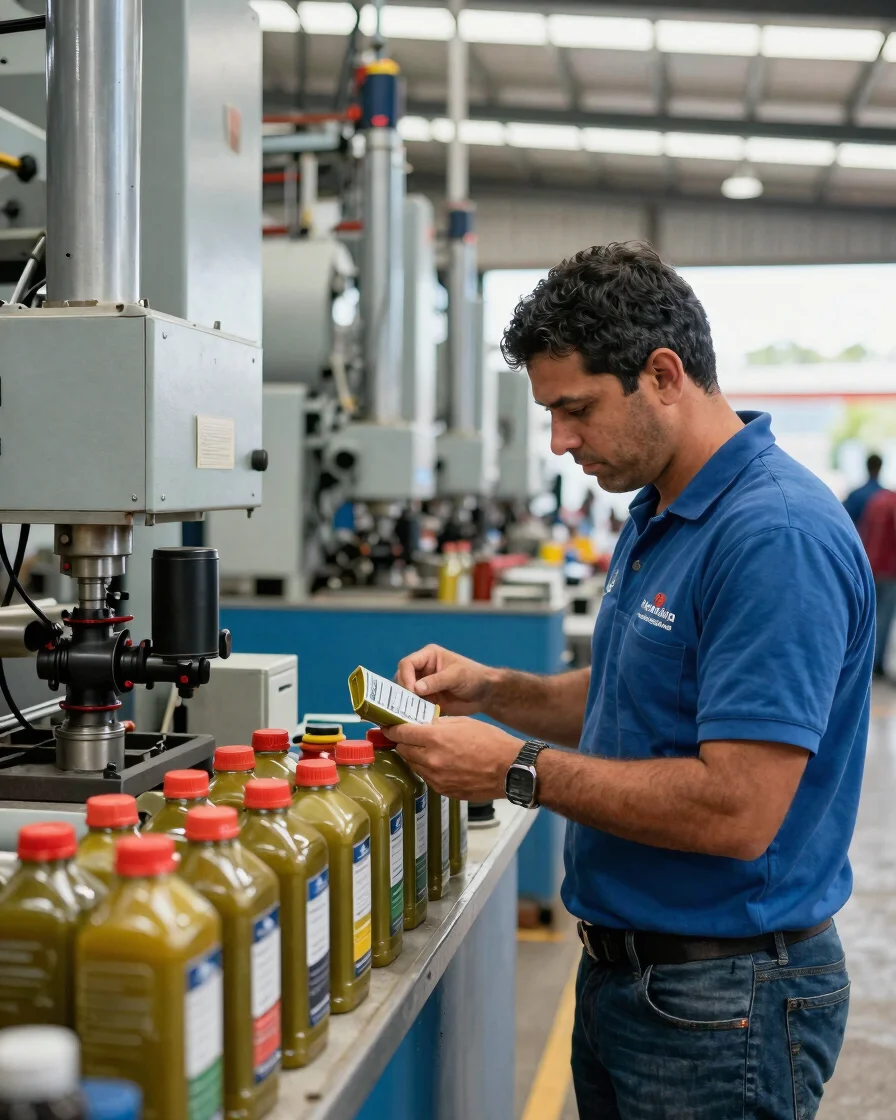 Técnico de mantenimiento revisando una muestra de aceite junto a